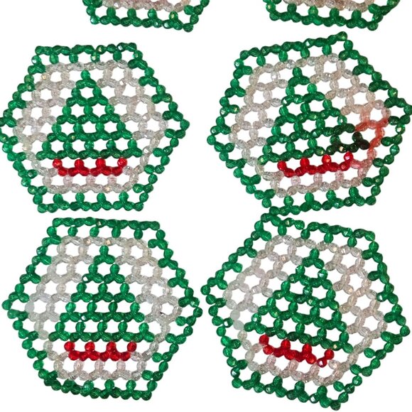 Vintage Beaded Christmas Tree Coasters Beaded Set Of 6 Green Red White - Picture 7 of 15